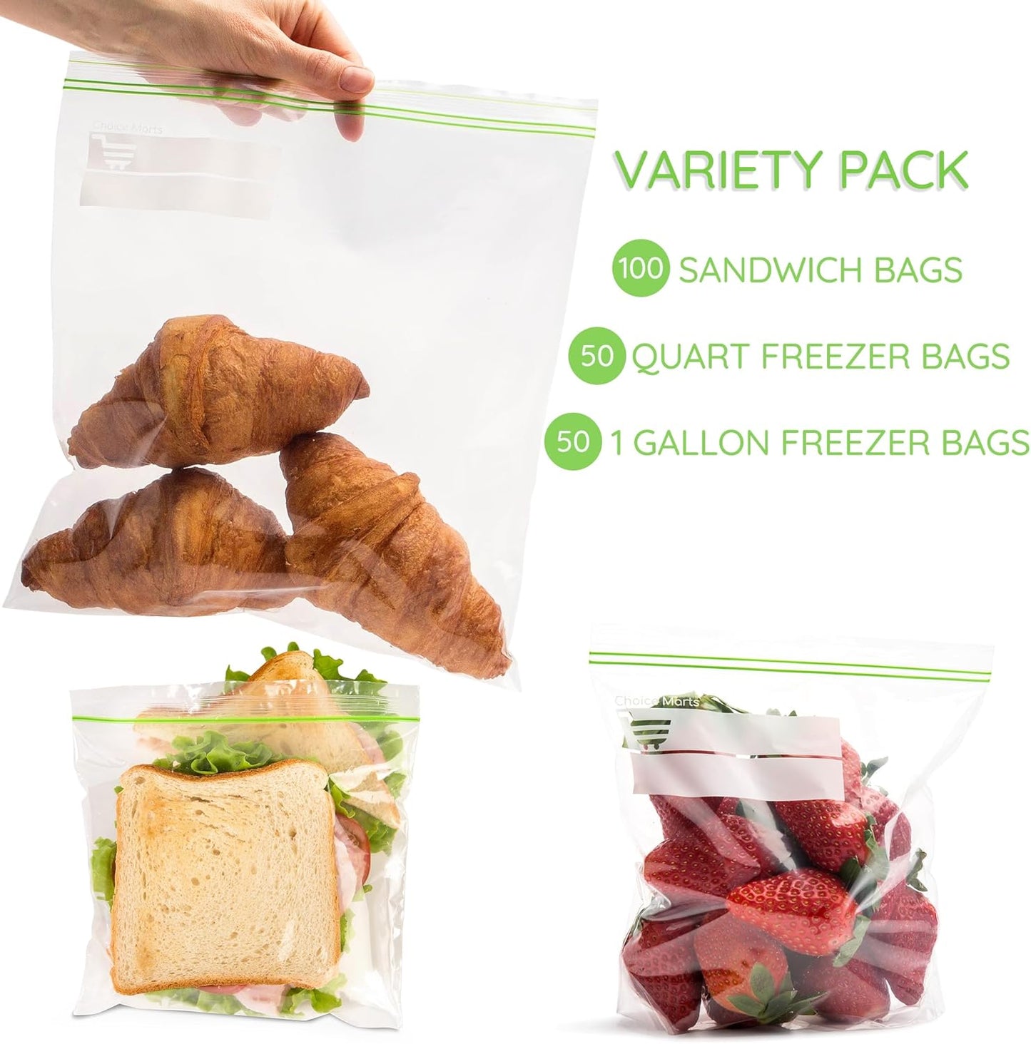 Zipper Bags Various Sizes Freezer Bags Variety Pack 50 Gallon Bags 50 Quart Bags 100 Sandwich Snack Bags 200 Total Bags