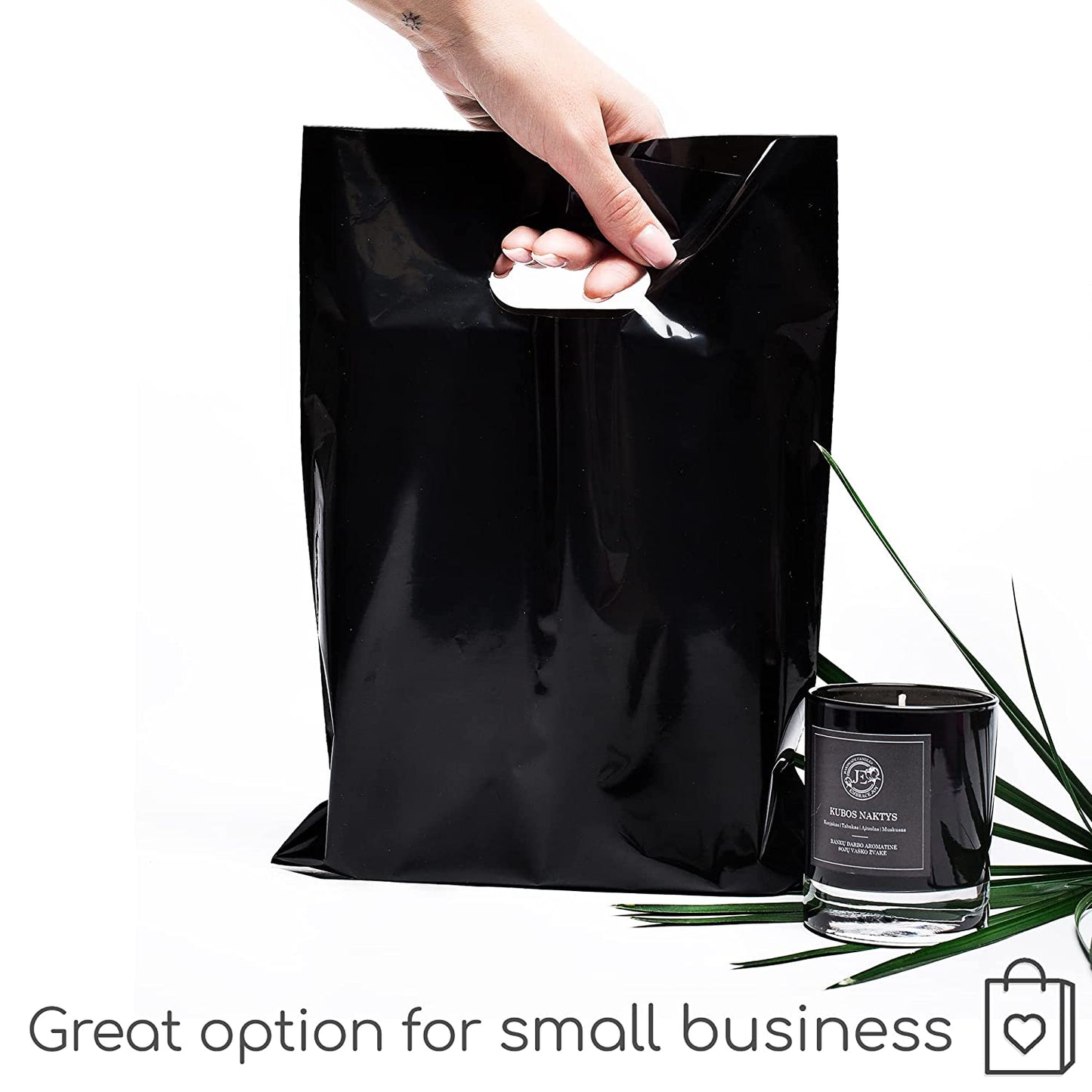 100 Black Bags for Small Business 1.5Mil 9"x12" Merchandise Bags Extra Thick Glossy Black Plastic Bags Thank You Bags and Black Retail Bags Plastic Bags For Small Business with Die Cut Handles
