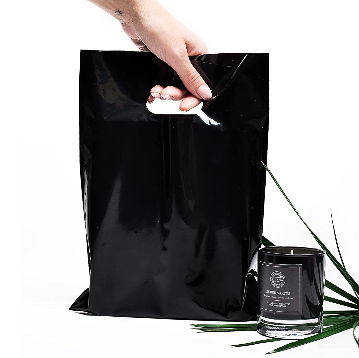 100 Black Bags for Small Business 1.5Mil 9"x12" Merchandise Bags Extra Thick Glossy Black Plastic Bags Thank You Bags and Black Retail Bags Plastic Bags For Small Business with Die Cut Handles