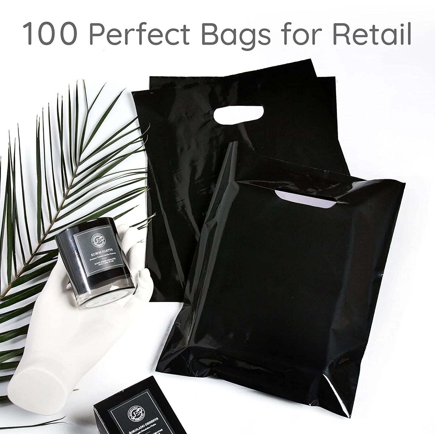 100 Black Bags for Small Business 1.5Mil 9"x12" Merchandise Bags Extra Thick Glossy Black Plastic Bags Thank You Bags and Black Retail Bags Plastic Bags For Small Business with Die Cut Handles