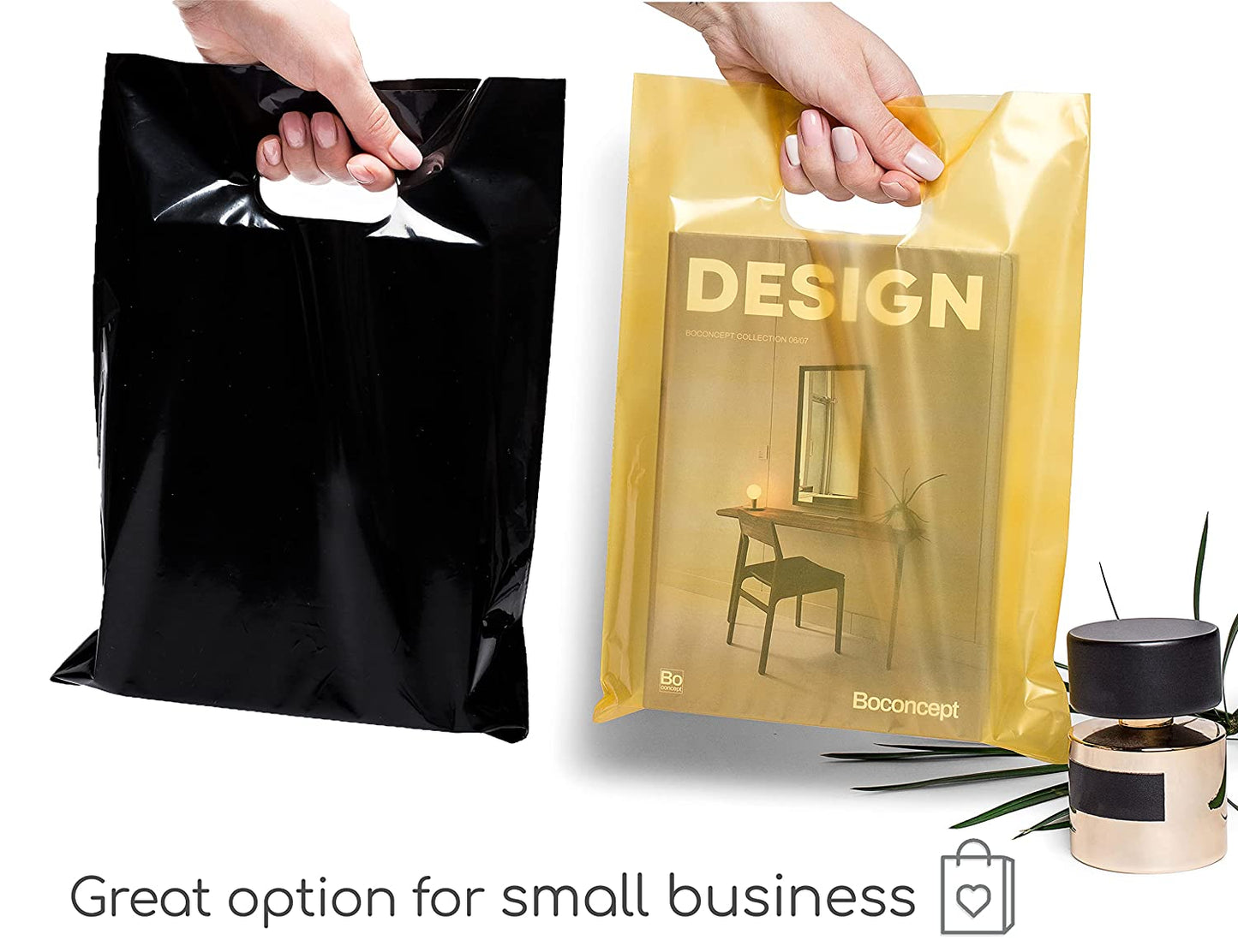 200 Black and Gold Plastic Bags 100 Black and 100 Gold 1.5Mil 9"x12" Merchandise Bags Extra Thick Glossy Thank You Bags and Shopping Bags For Small Business with Die Cut Handles Retail Bags