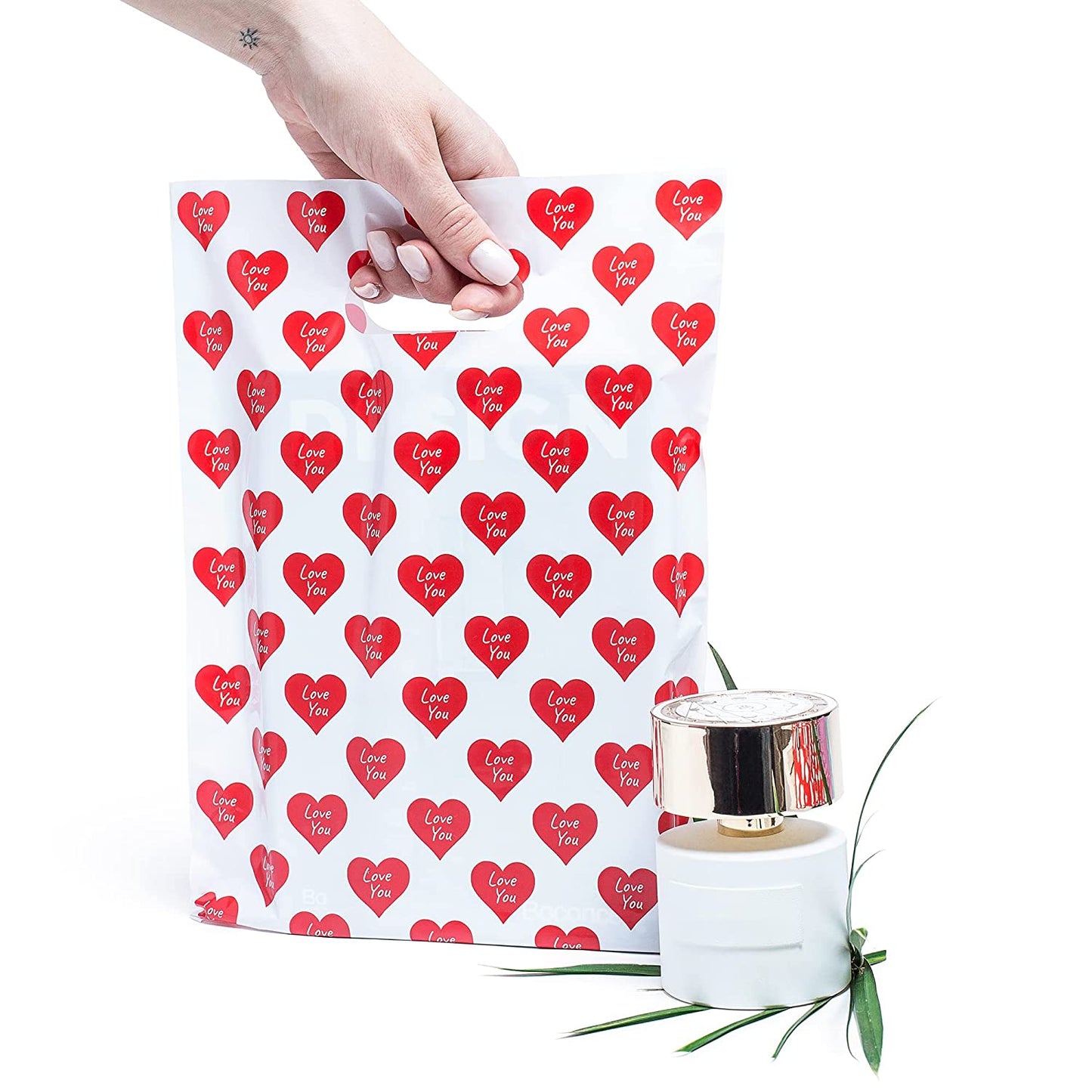 100 Red Hearts Bags for Small Business 1.5Mil 9"x12" Merchandise Bags Extra Thick Glossy Thank You Bags and Red Hearts Retail Bags Plastic Bags with Die Cut Handles Bags for Valentines da