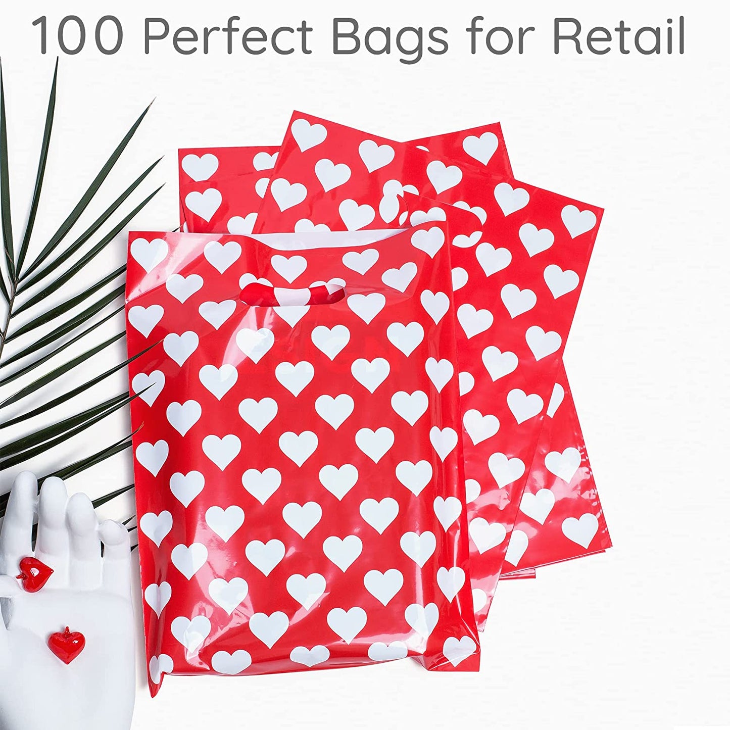100 White Hearts Bags for Small Business 1.5Mil 9"x12" Merchandise Bags Extra Thick Glossy Thank You Bags and White Hearts Retail Bags Plastic Bags with Die Cut Handles Bags for Valentines day