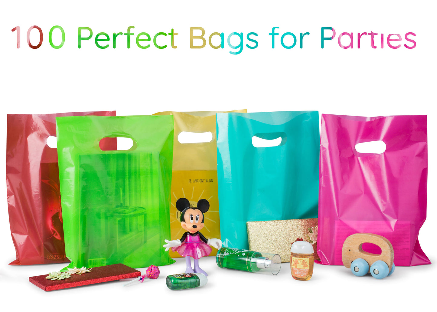 100 Multicolor Bags for Small Business 1.5Mil 9"x12" Merchandise Bags 5 Colors in Total: Pink Teal Gold Lime Green Red Retail Bags Plastic Bags with Handles Goodie Bags for Kids Birthday Party