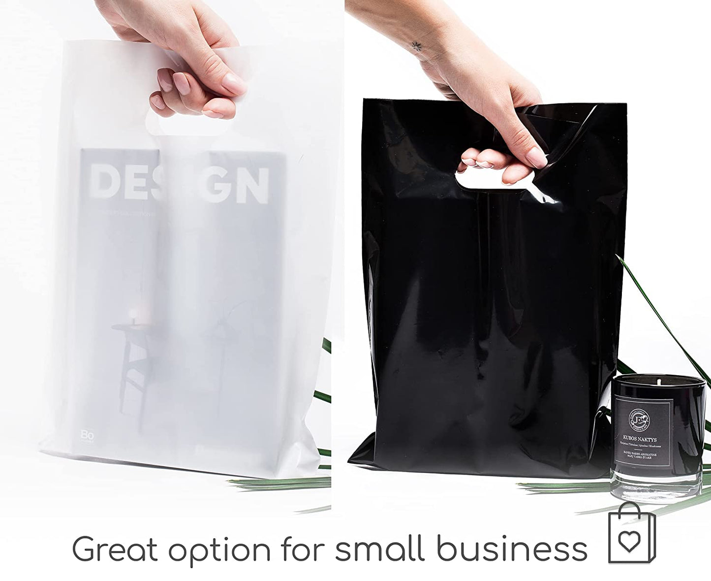 200 Black & White Bags for Small Business 100 Black and 100 White 1.5Mil 9"x12" Merchandise Bags Thick Glossy Retail Bags and Shopping Bags For Small Business with Die Cut Handles Boutique Bags