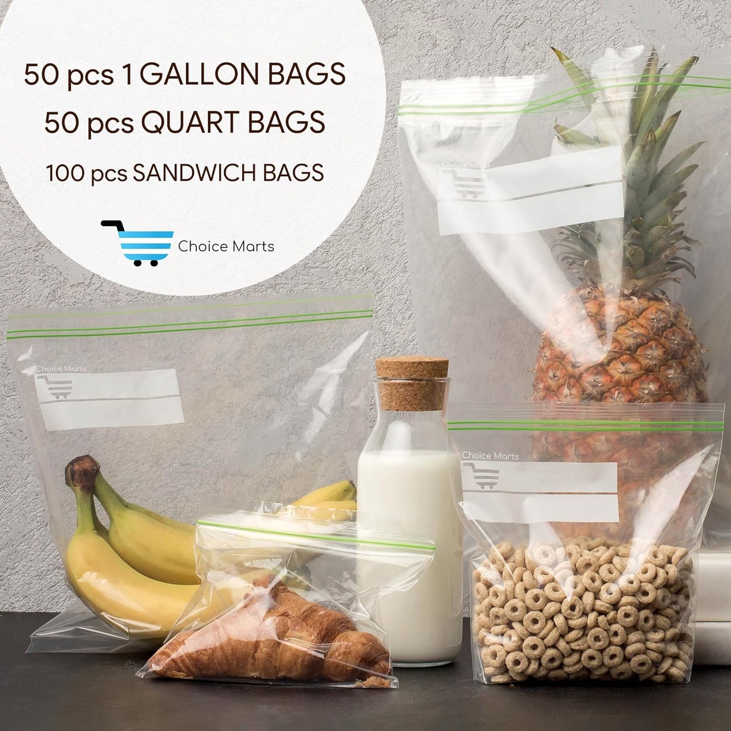 Zipper Bags Various Sizes Freezer Bags Variety Pack 50 Gallon Bags 50 Quart Bags 100 Sandwich Snack Bags 200 Total Bags